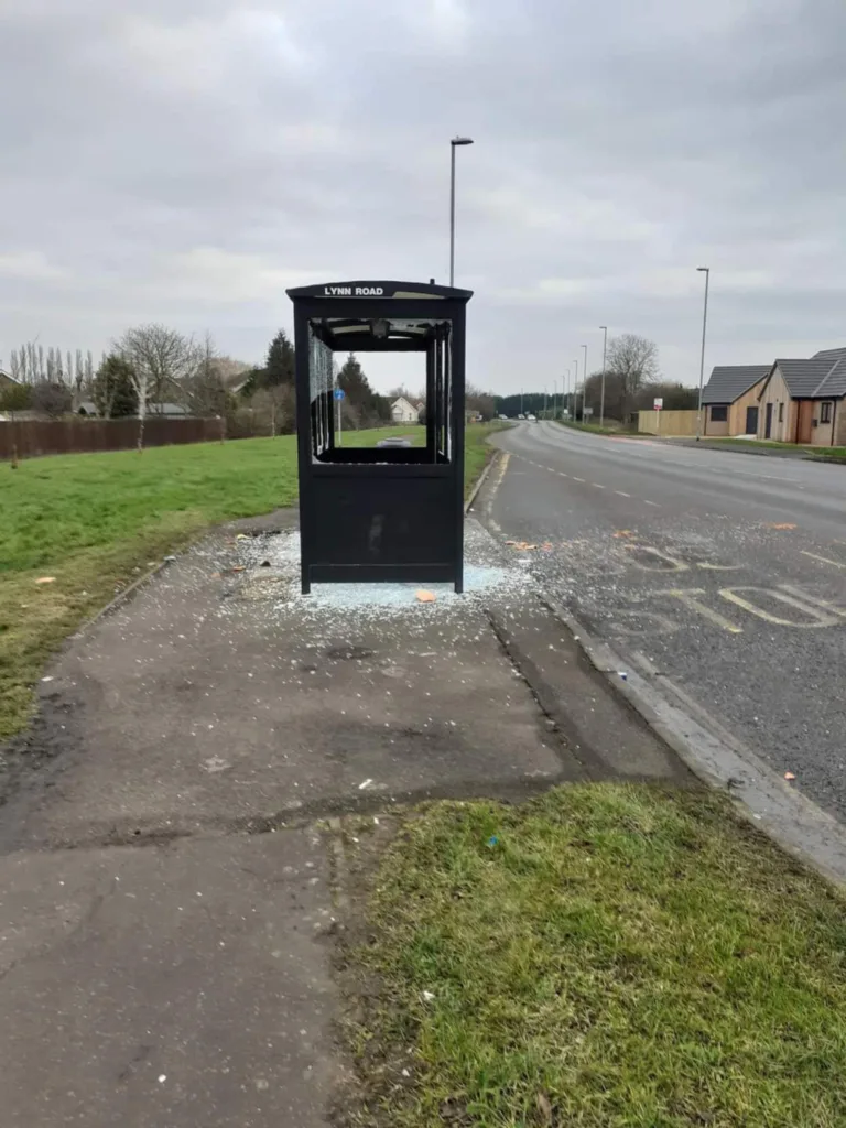 “We are reaching out to parents and guardians after the bus shelter on Lynn Road in Wisbech was vandalised with bricks” says Cambs Police.