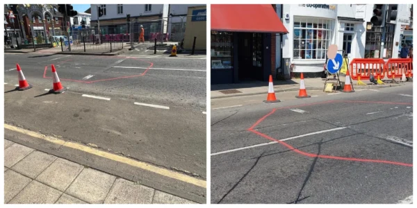 News for Peterborough and Cambridgeshire - Official photo by Fenland Council (left) showing new position of March Fountain. On the right is the photo produced by Malletts jewellers which they claim shows the true horror of relocating it outside their shop.