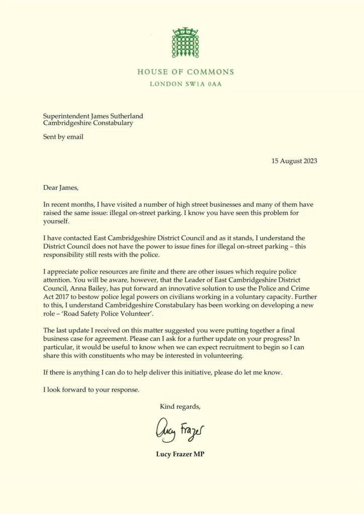 Letter from MP Lucy Frazer to Supt Sutherland