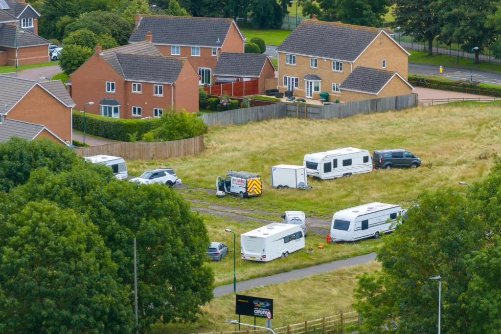 The caravans that have forced their way onto land which is part of the Peterborough showground. PHOTO: Terry Harris 