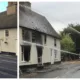 As the Crown was (left) and today firefighters tackle a major blaze at the Fordham pub now turned Indian restaurant