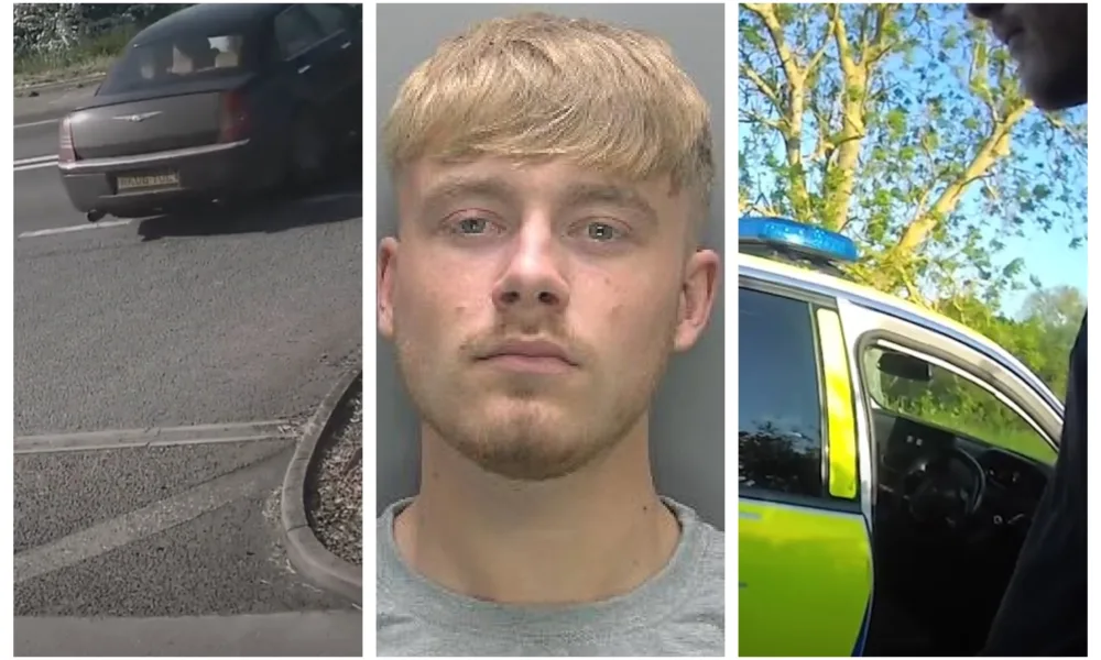 Left: Davidson pulls out of the garage and (right) moment he is arrested. Custody photo (centre)