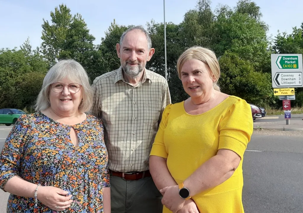 County councillors Piers Coutts (Ely South), Alison Whelan (Ely North), Lorna Dupré (Sutton) at the BP roundabout at Ely