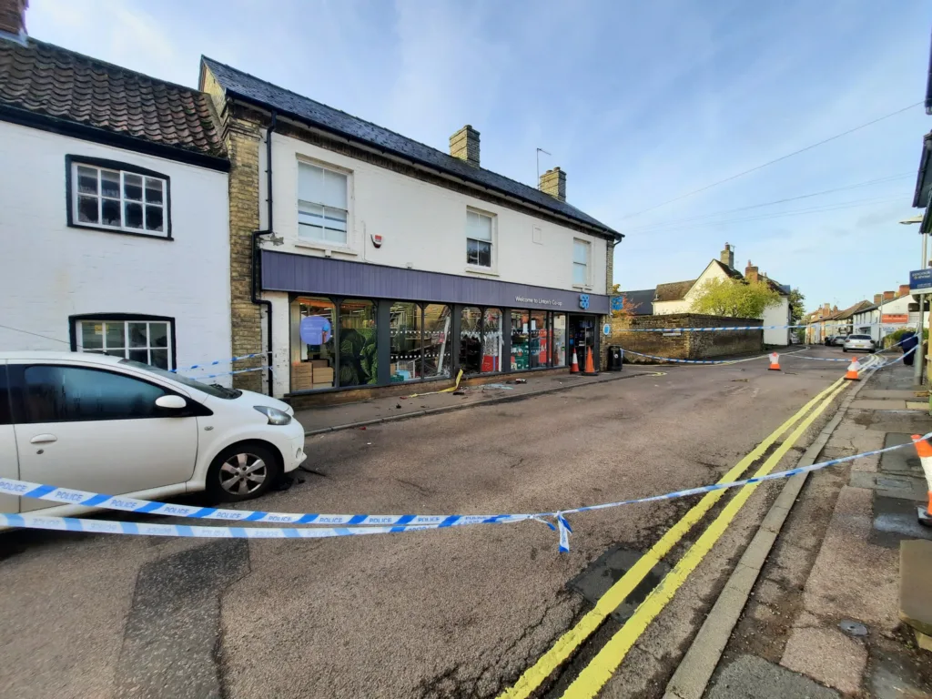 Aftermath of unsuccessful ram raid at Linton Co-op in South Cambridgeshire 
