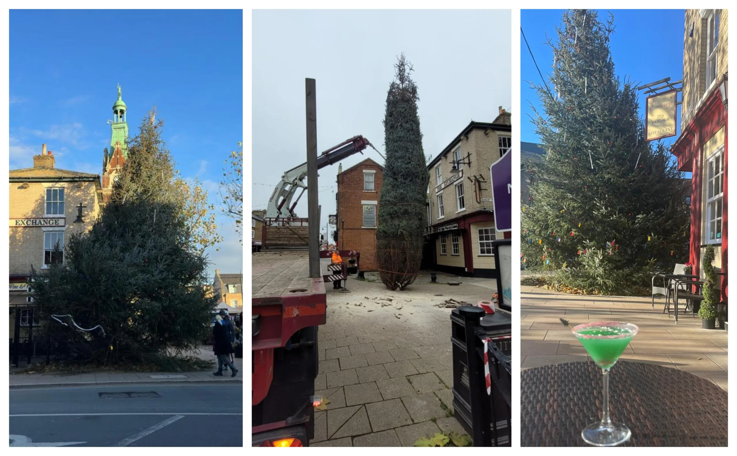 From left: Christmas tree in March yesterday, centre: Tree being delivered and right: special wonky tree cocktail from the Exchange