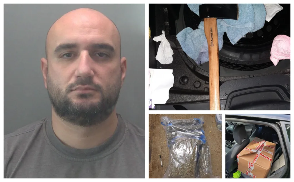 Pictured: Kris Lika with the axe and drugs found in the car