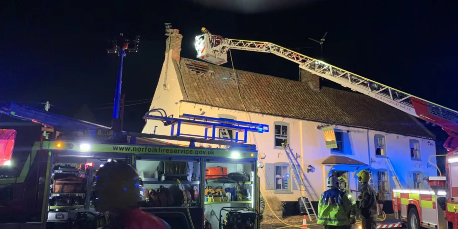 Fire crews at the Rising Sun public house, Leverington near Wisbech.