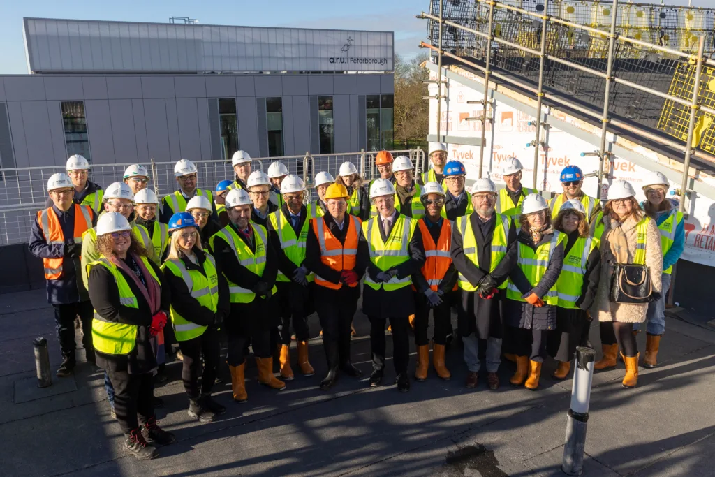 Anglian Ruskin University topping out ceremony for an extension to the Peterborough campus that will incorporate a ‘Living Lab’ public science and technology space. It will open in September. PHOTO: Terry Harris. 
