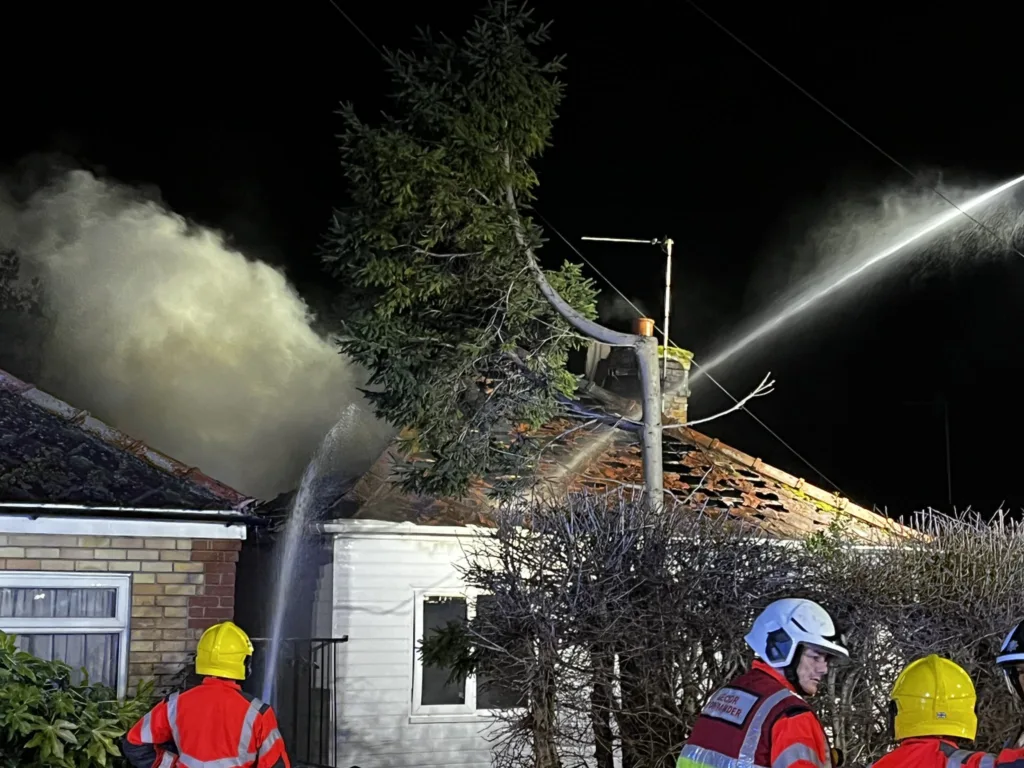 Crews tackle bungalow fire in Hundred Road, March, Cambridgeshire. PHOTO : Cambs Fire and Rescue 