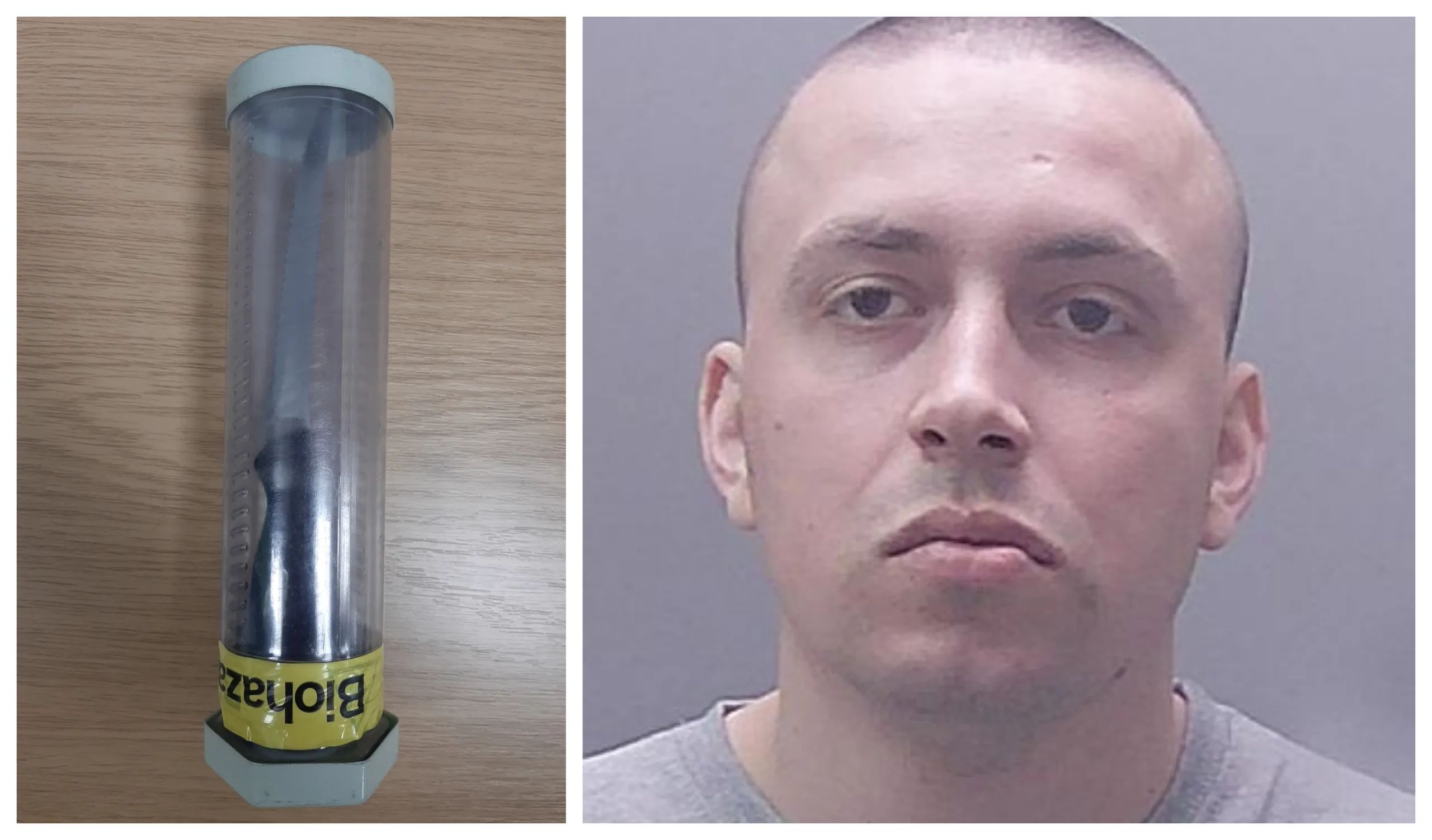 Kyle Wojtowych, 27, with the knife used to attack teenage boy in Station Road, March, Cambridgeshire.