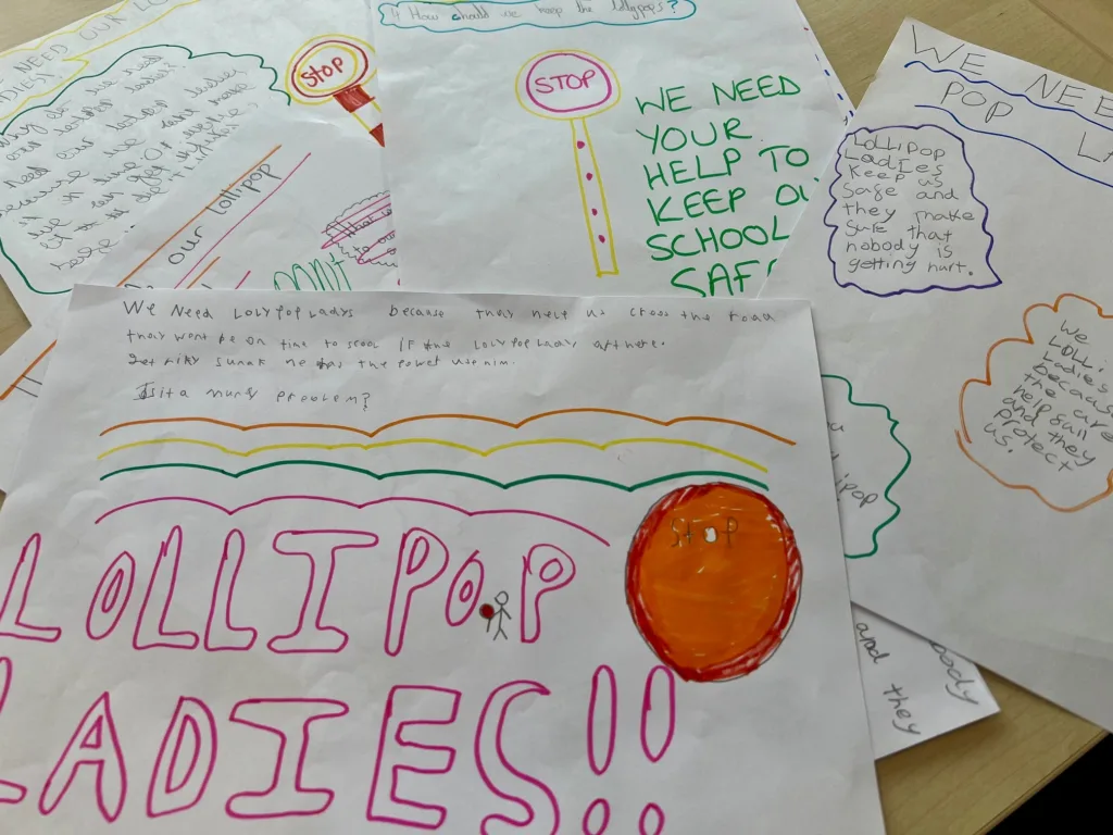 The successful campaign to save the lollipop ladies who serve the crossing outside Newark Hill Primary Academy in Peterborough. Posters designed by pupils 