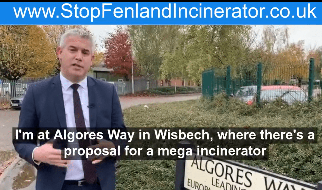 2019: MP Steve Barclay visits Algores Way, Wisbech, to highlight his campaign to stop a mega incinerator being built there. Mr Barclay has been a long term and persistent critic of the incinerator.