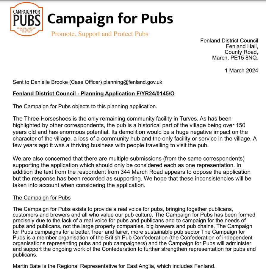 Part of the letter sent to Fenland District Council by the Campaign for Pubs. They argue strongly for the Three Horseshoes to remain a pub