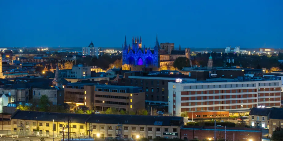 Peterborough Cathedral is lit up blue and shines across the city as it shows its support for Peterborough United, City, Peterborough Friday 05 April 2024. Picture by Terry Harris.