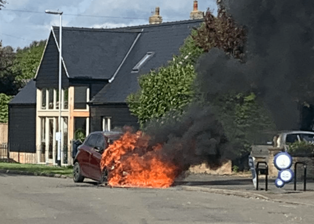 Electric car destroyed in ‘accidental’ blaze on village high street