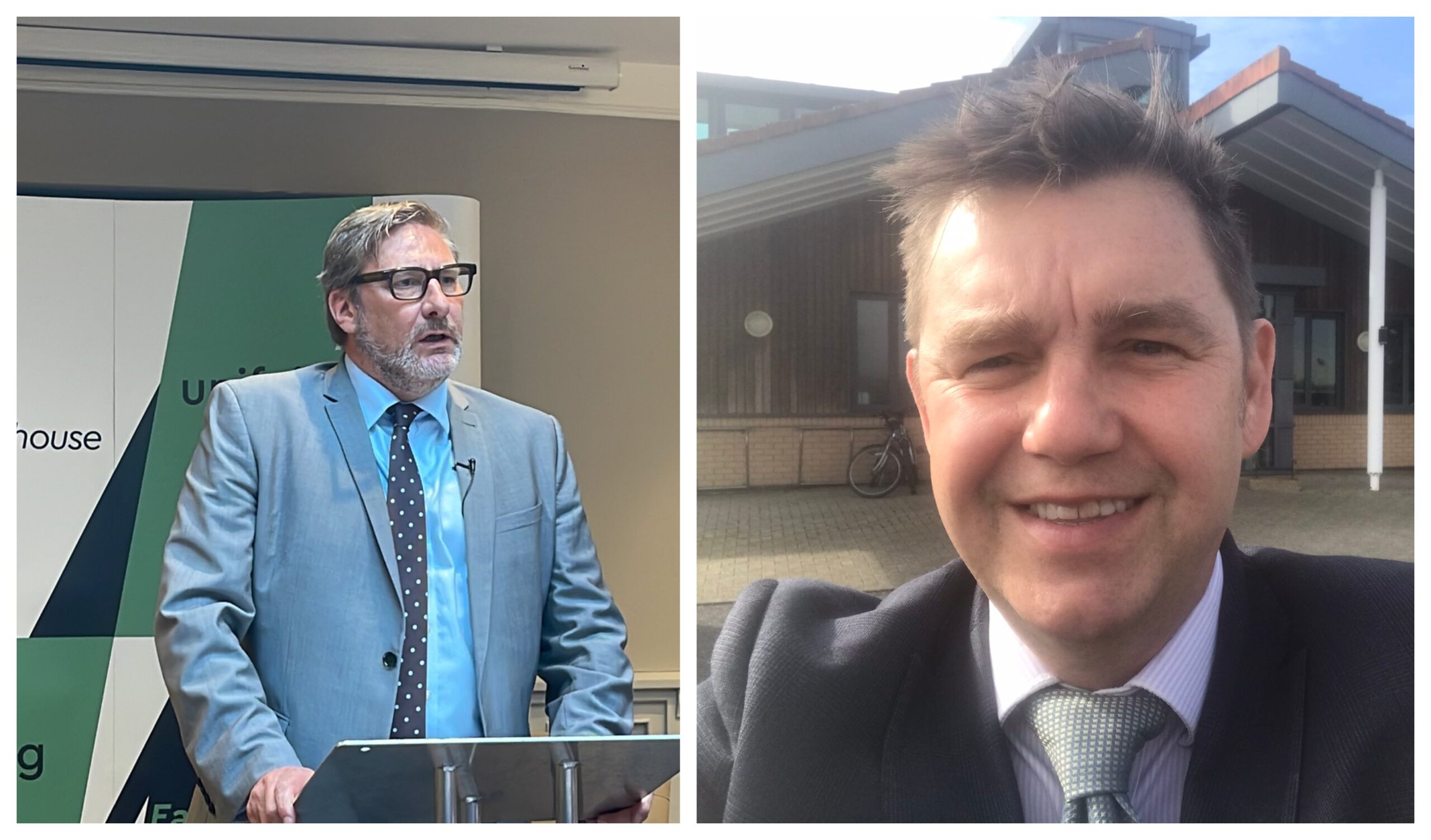 James Palmer (left) opening today’s Eastern Powerhouse conference in Cambridge and (right) Mayor Dr Nik Johnson visiting Middle Level Commissioners ahead of a tour of the St German's pumping station.