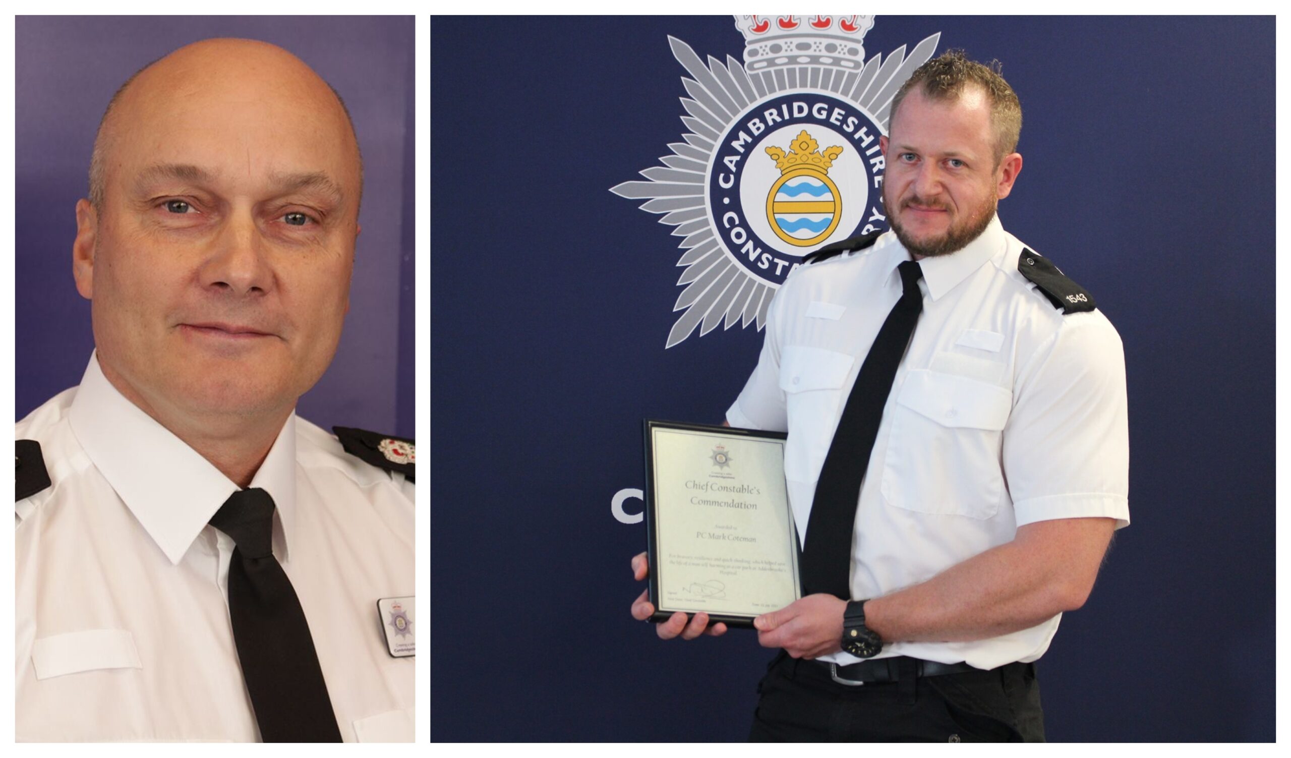 Chief constable Nick Dean (left) who had previously commended disgraced police officer Mark Coteman (right) for bravery, resilience, and quick thinking’