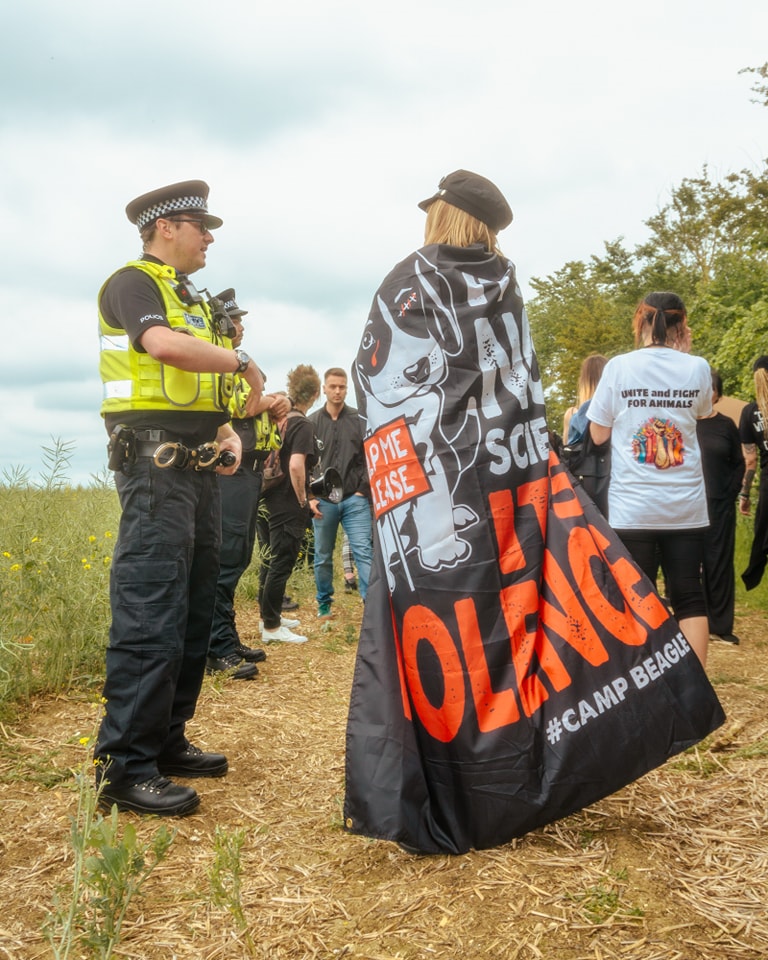 ‘Free the MBR Beagles’ shouted protestors outside MBR Acres at Wyton near Huntingdon yesterday 