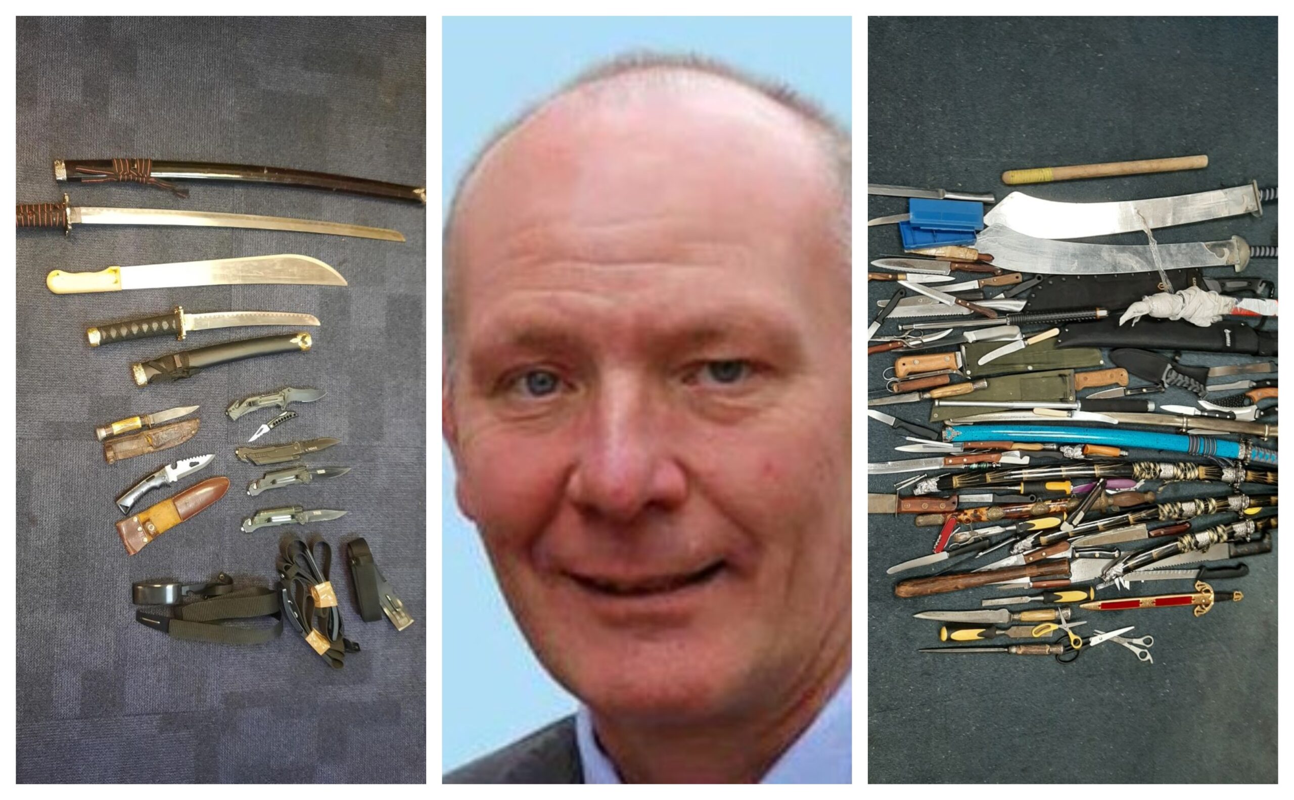 Police and Crime Commissioner Darryl Preston with amnesty weapons at Parkside police station Cambridge (left) and Thorpe Wood police station (right)