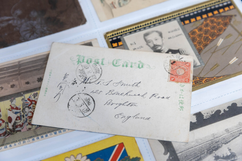 An album of more than 230 postcards sent from a stamp collector in Tokyo. BATEMANS AUCTIONEERS, Stamford Picture by Terry Harris / Bav Media.