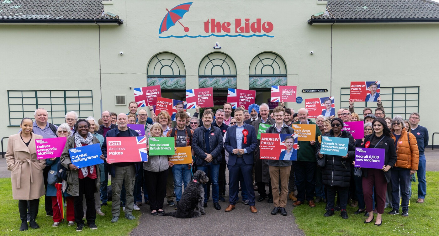 Labour launch in Peterborough: Candidates Andrew Pakes and Sam Carling with Labour supporters outside the Lido, Peterborough, on Saturday. PHOTO: Terry Harris