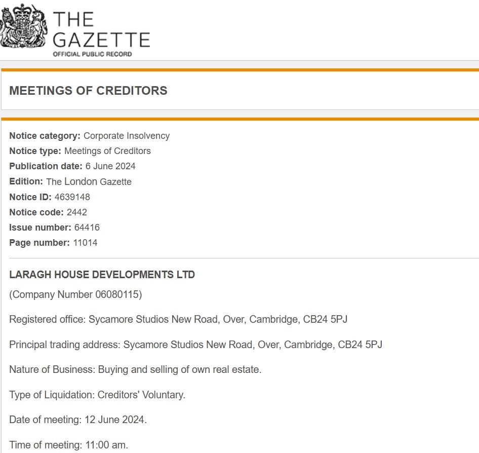 London Gazette notice re Laragh House Developments Ltd 