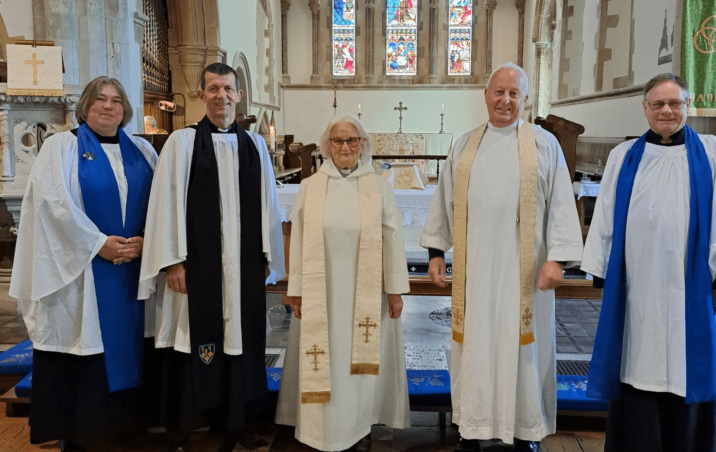 Jill Stimpson and other clergy at the celebration of her being appointed as associate priest for Haddenham, Wilburton, Witchford and Wentworth. From lefty: Katrina Myers, The Ven Richard Harlow, Rev Jill Stimpson, Rev Canon Mark Haworth and David Ogilvie.