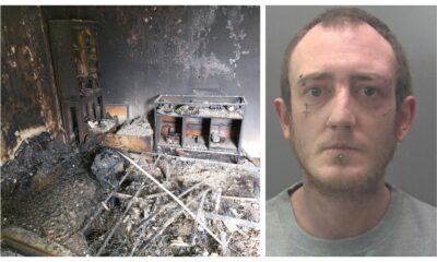 Custody photo of arsonist Joshua Allen, together with photo of the damage caused by the fire.