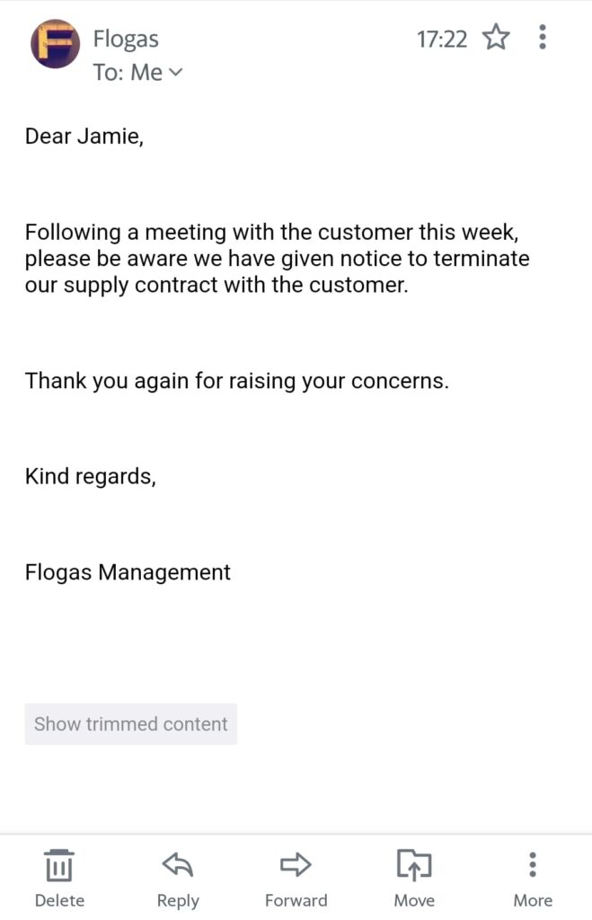 Camp Beagle supporters have published an email from FloGas confirming the termination of the contract – we have asked FloGas to verify it.