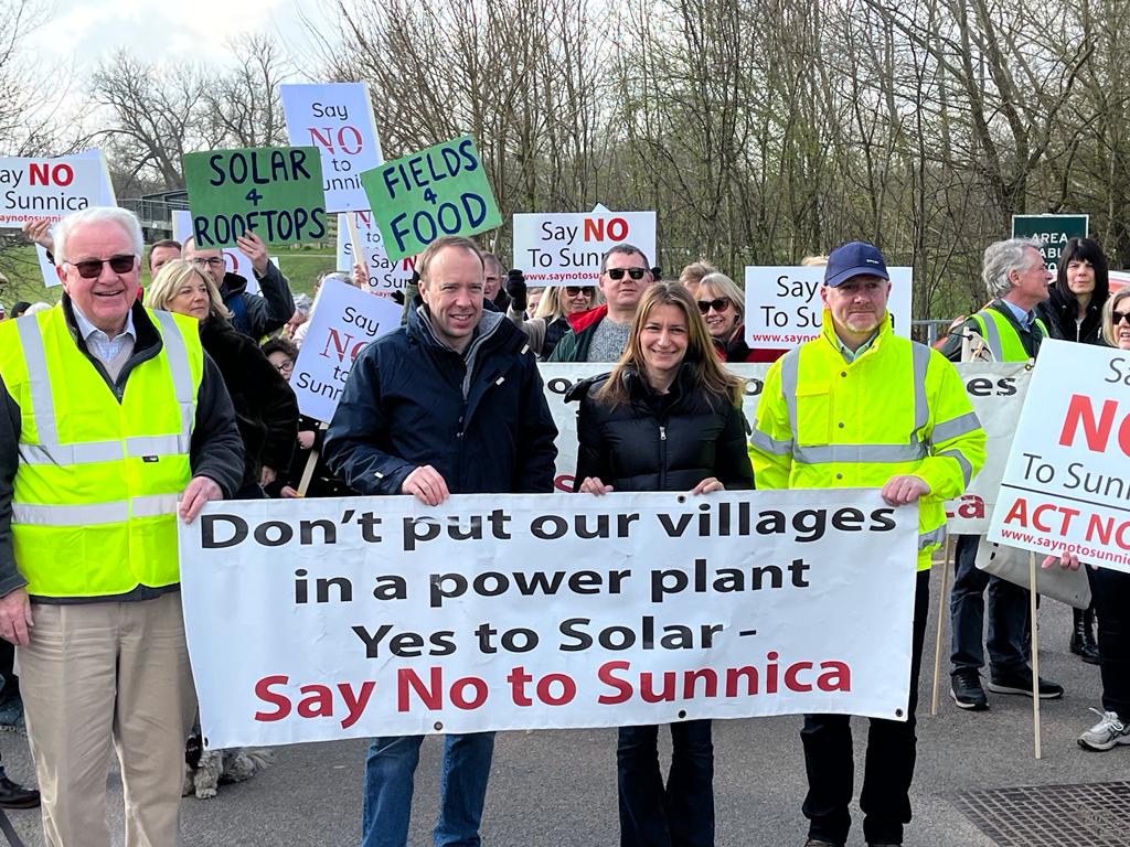 In March 2022 MPs Lucy Frazer and Matt Hancock (above) joined forces to join a ‘No to Sunnica march’. Ms Frazer lost her seat at the general election; Mr Hancock did not stand.