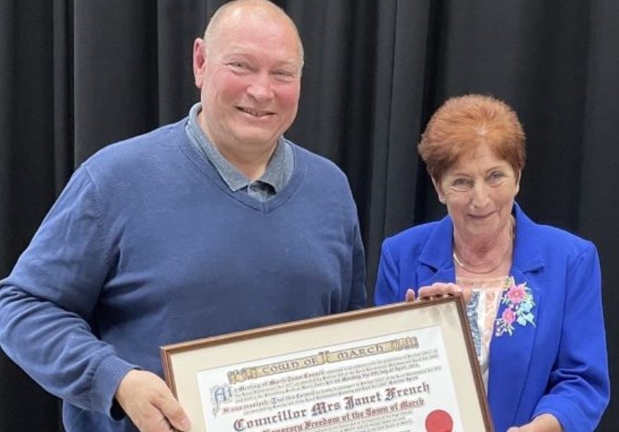 July 2024 – The Mayor of March, Cllr Gary Christy presents the ‘Freedom of the Town’ to Cllr Jan French for all her efforts over the past years and her dedicated support to the Town of March. PHOTO: March Town Council