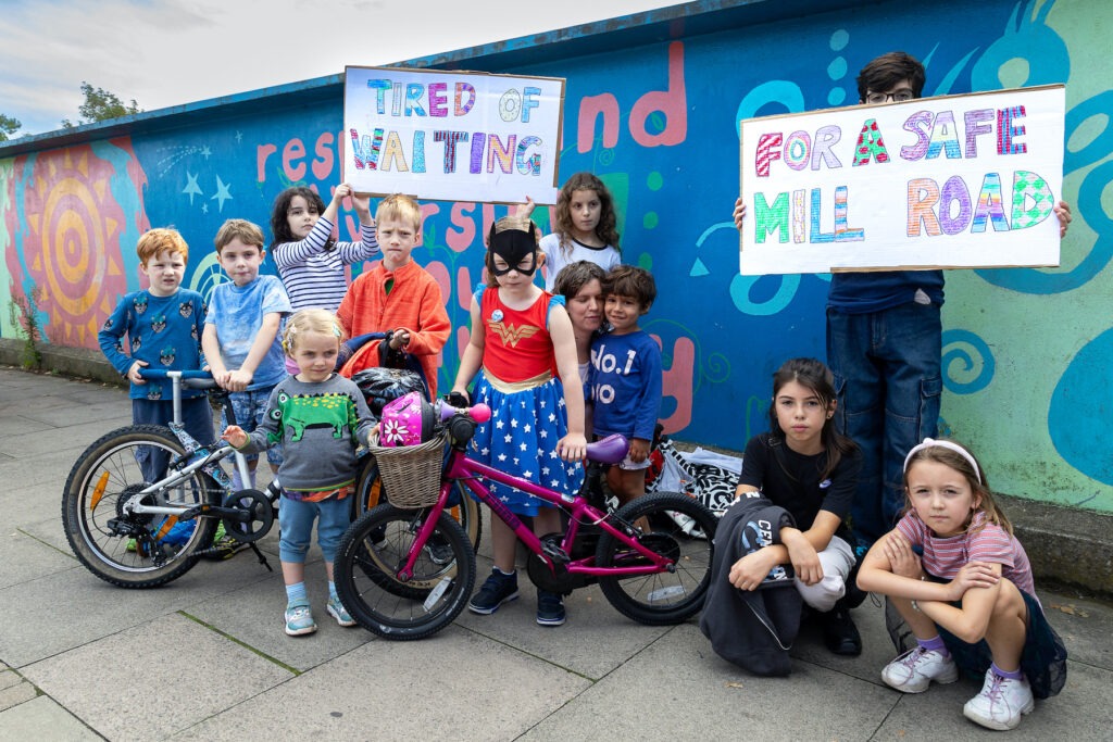 Children took part in a protest to support a bus gate for Mill Road bridge Cambridge. PHOTO: Camcycle