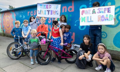 Children took part in a protest to support a bus gate for Mill Road bridge Cambridge. PHOTO: Camcycle