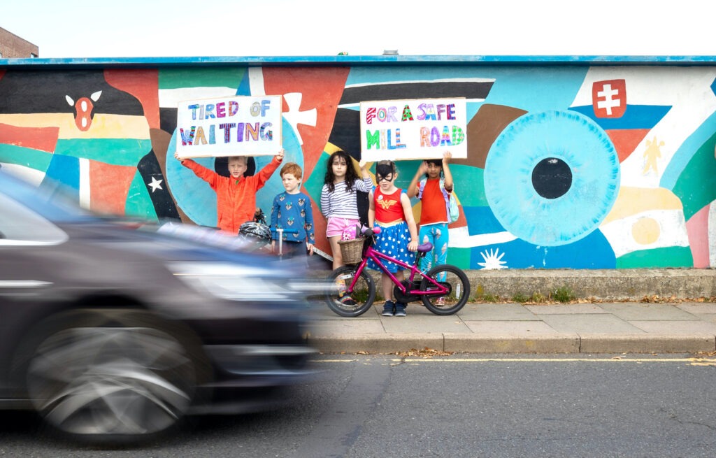 Children took part in a protest to support a bus gate for Mill Road bridge Cambridge. PHOTO: Camcycle