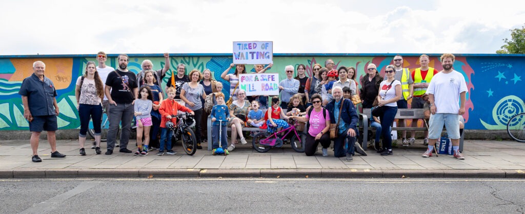 Children took part in a protest to support a bus gate for Mill Road bridge Cambridge. PHOTO: Camcycle