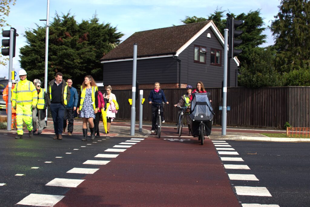 GCP chair Cllr Elisa Meschini cut a ribbon to mark the completion of the new Cycle Optimised Protected Signals (CYCLOPS) junction at Milton Road/King’s Hedges Road on Friday