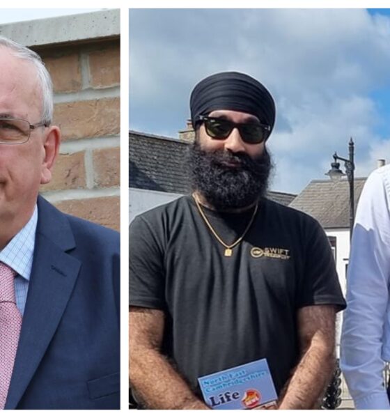 Cllr Gurninder Singh Gill (right) owns Swift Transport of Whittlesey; he is also shown at Companies House as a director of the family owned Swift Carz Ltd. Pictured here with MP Steve Barclay in Whittlesey. Left: Cllr Dave Patrick