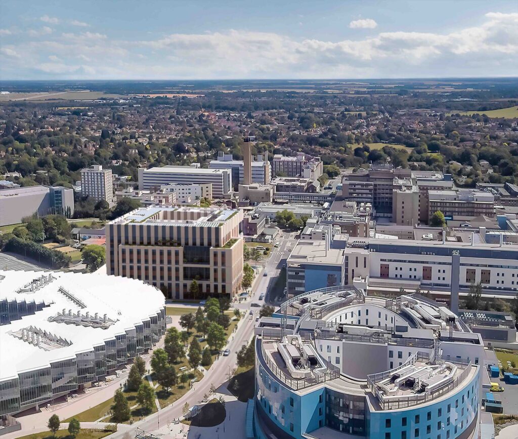 Architect image of Cambridge Cancer Research Hospital and neighbours AstraZeneca (bottom left), Royal Papworth Hospital (bottom right) and Addenbrooke's Hospital.