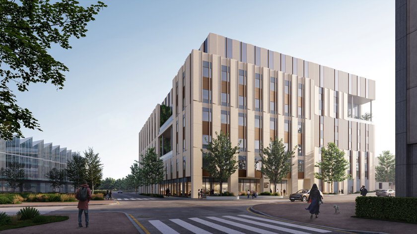 Architect image of Cambridge Cancer Research Hospital and neighbours AstraZeneca (bottom left), Royal Papworth Hospital (bottom right) and Addenbrooke's Hospital. 