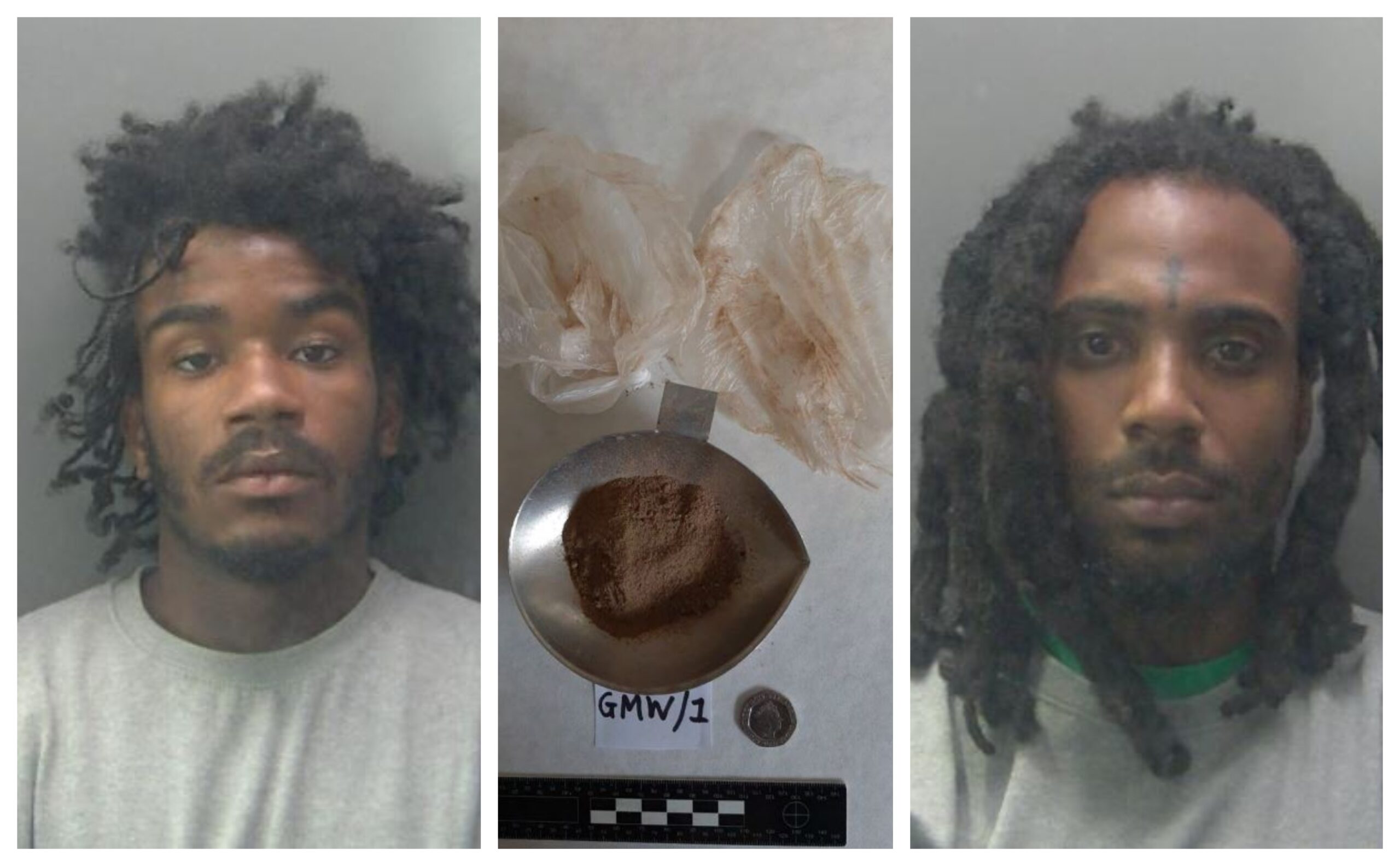 Custody photos of David Rosa (left) and Lemar Griffiths with drugs seized upon Griffiths’ arrest. Image: Cambridgeshire police