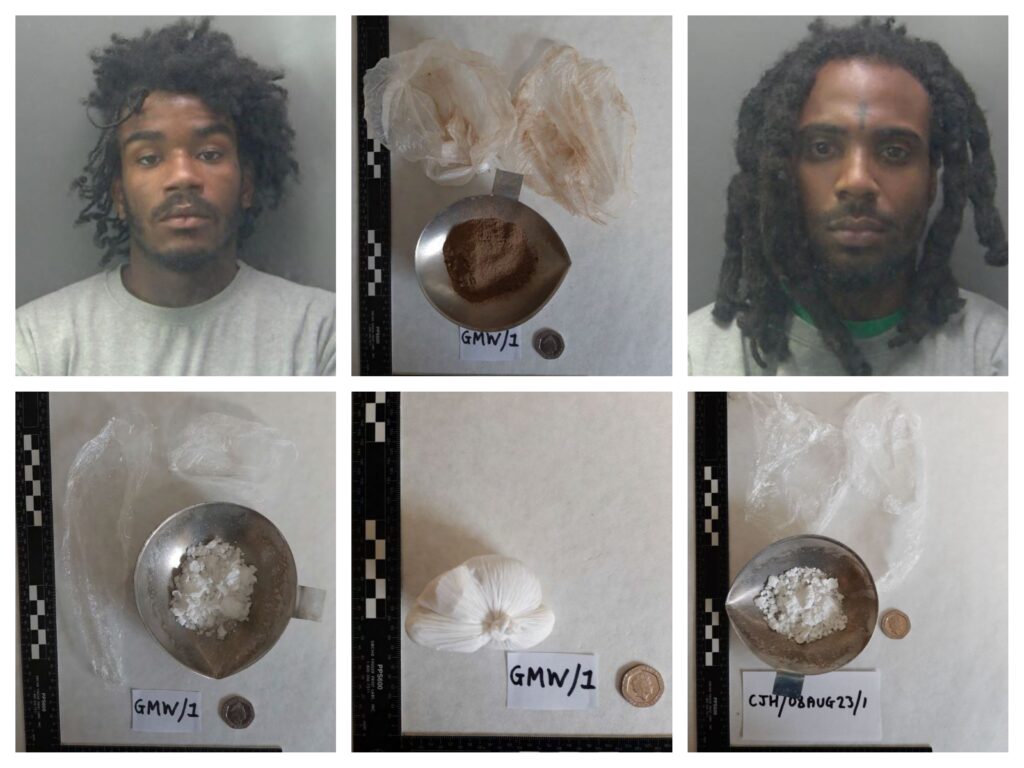 Custody photos of David Rosa (left) and Lemar Griffiths with drugs seized upon Griffiths’ arrest. Image: Cambridgeshire police 