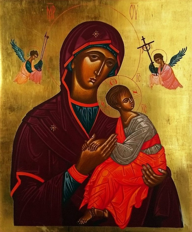 Icon stolen from Cambridge chapel: The icon depicts the Virgin and Child (Mother of the God of the Passion) with two archangels. It is painted on a wooden board with gold-leafed background and a red border. 