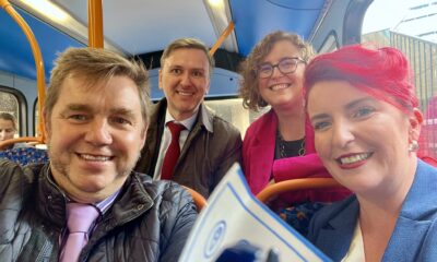 On the buses in Peterborough: From left: Mayor Dr Nik Johnson, Peterborough MP Andrew Pakes, Cllr Anna Smith, deputy mayor and Transport Secretary Louise Haigh