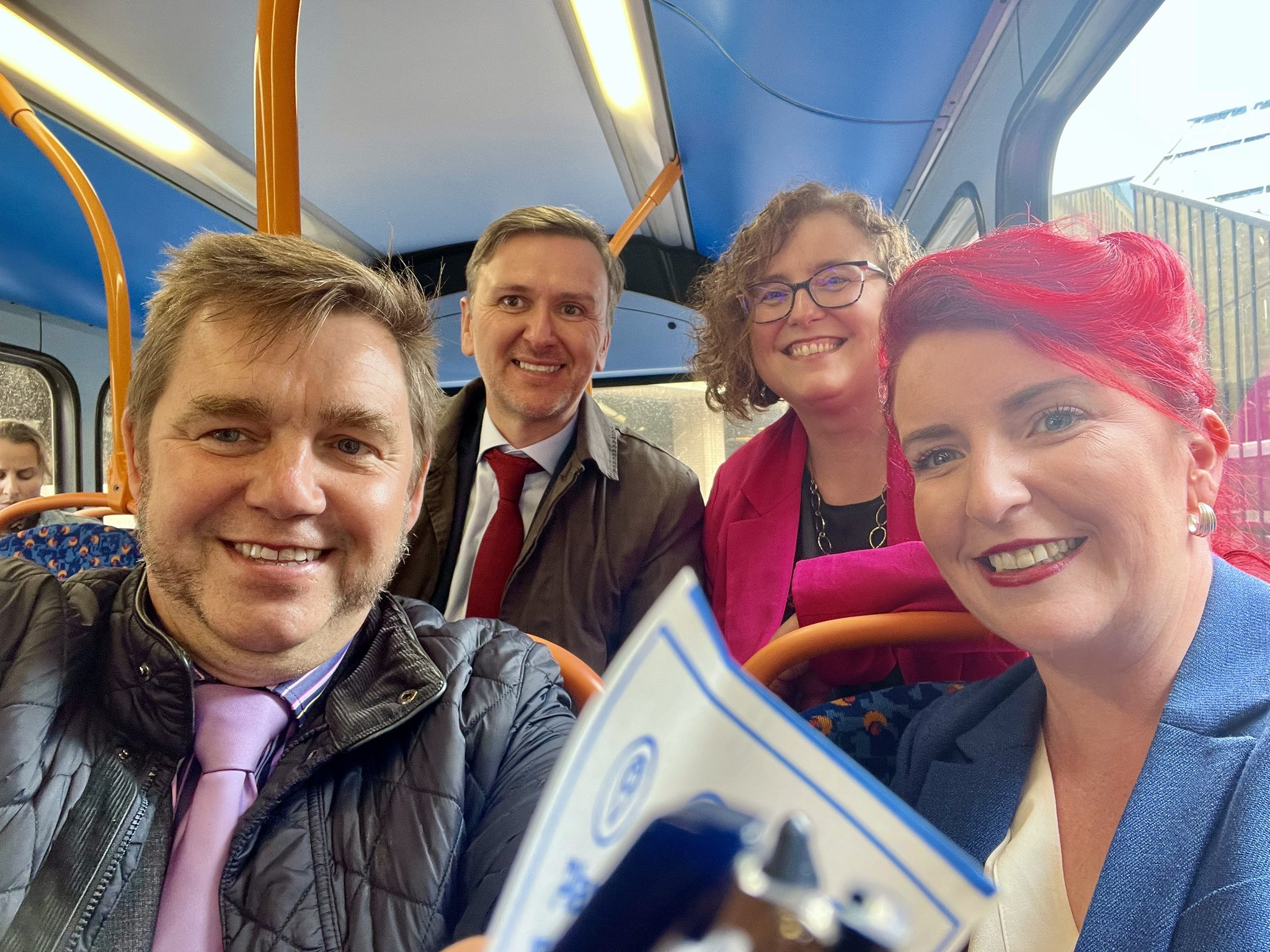 On the buses in Peterborough: From left: Mayor Dr Nik Johnson, Peterborough MP Andrew Pakes, Cllr Anna Smith, deputy mayor and Transport Secretary Louise Haigh