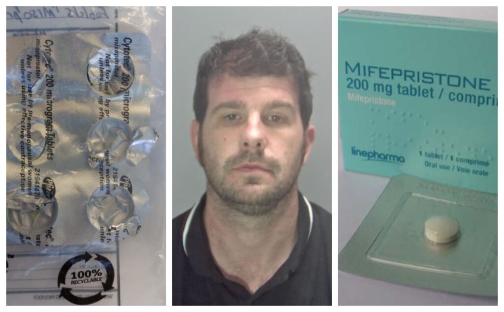 Images attached show the blister pack found in Worby's bin, an example of the blue packet containing Mifepristone which was never recovered, and a custody image of Stuart Worby.