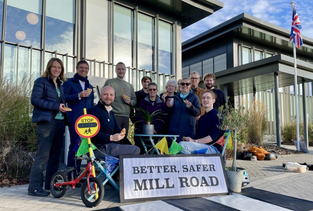 Supporters of the TRO for Mill Road bridge filter assemble outside New Shire Hall Alconbury ahead of today’s Cambridgeshire County Council committee meeting.