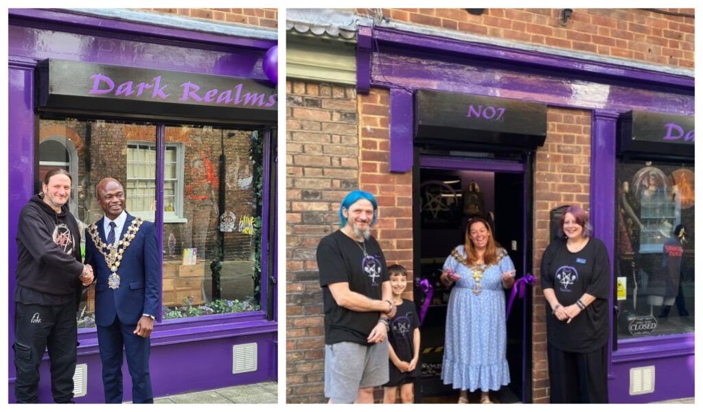  Dark Realms in Market Street Wisbech – it had its initial opening May 2023 by Mayor Cllr Susan Wallwork (right) and (left) the newly revamped and expanded store being reopened on October 5th, 2024, by Wisbech Mayor Cllr Sidney Imafidon