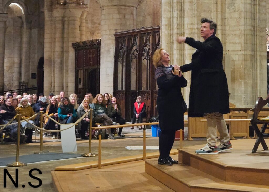 Rick Astley book signing and talk at Ely Cathedral organised by Topping and Co booksellers. Photos: Nicky Still, local published and concert mobile phone photographer.