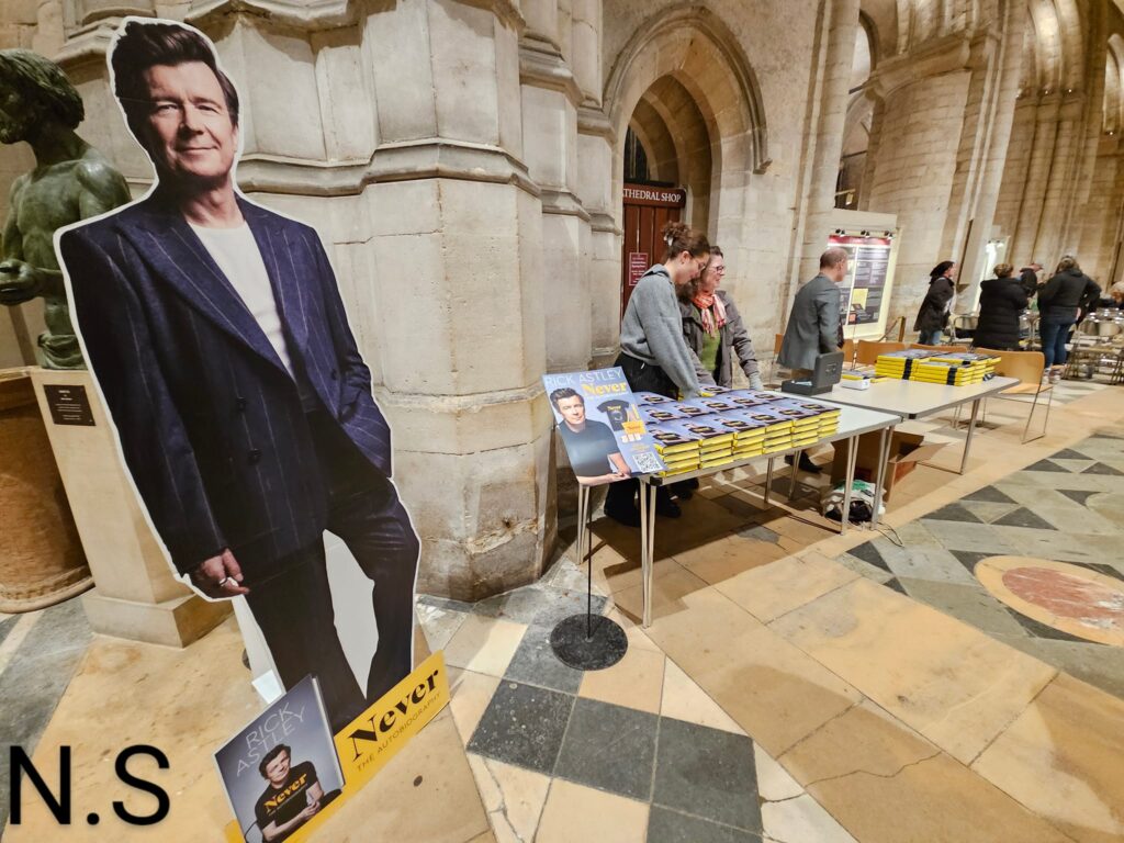 Rick Astley book signing and talk at Ely Cathedral organised by Topping and Co booksellers. Photos: Nicky Still, local published and concert mobile phone photographer.