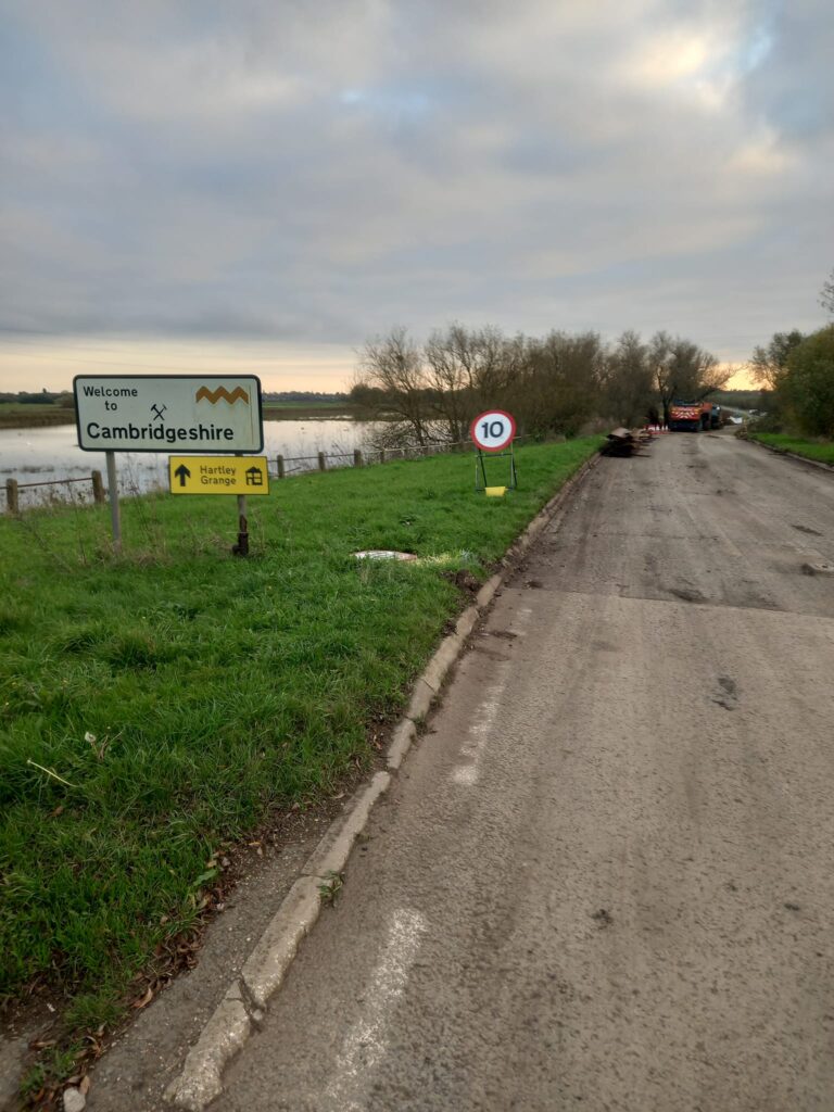 Works on B1040 Thorney to Whittlesey road near Dog in a Doublet. Repairs to a collapsed bank – caused by erosion – means the road is closed until November 22. PHOTO: With permission of RPCM Ltd